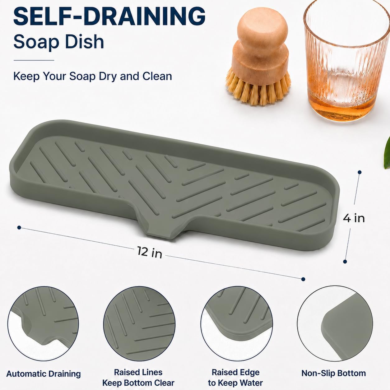Silicone Soap Dish with Drain Spout, Self-Draining Sink Organizer Tray for Bathroom and Kitchen, Sponges, Dispensers and Soap Holder, Non-Slip and Dishwasher Safe, Black (Compact, 4.9"×3.2")