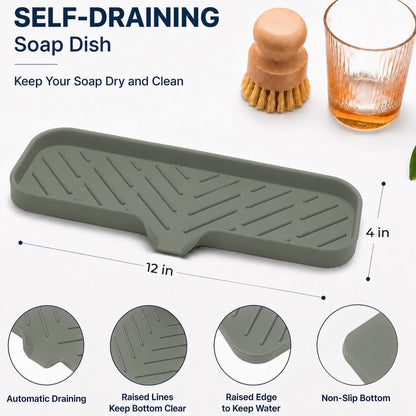 Silicone Soap Dish with Drain Spout, Self-Draining Sink Organizer Tray for Bathroom and Kitchen, Sponges, Dispensers and Soap Holder, Non-Slip and Dishwasher Safe, Black (Compact, 4.9"×3.2")