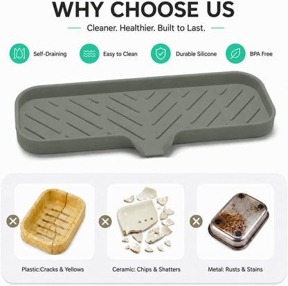 Silicone Soap Dish with Drain Spout, Self-Draining Sink Organizer Tray for Bathroom and Kitchen, Sponges, Dispensers and Soap Holder, Non-Slip and Dishwasher Safe, Black (Compact, 4.9"×3.2")