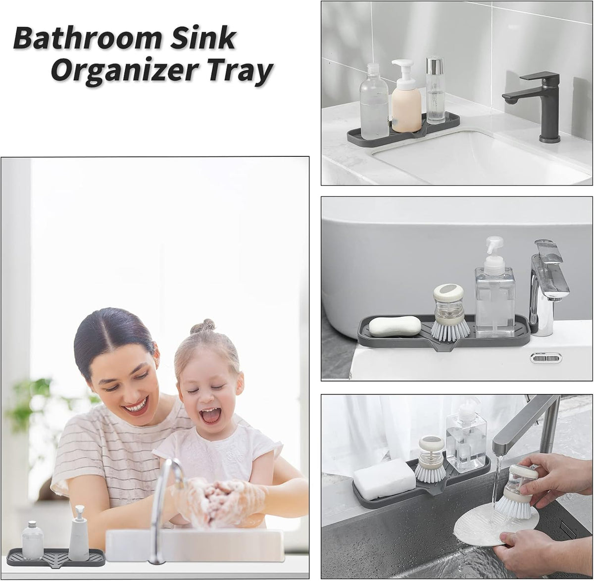 Silicone Soap Dish with Drain Spout, Self-Draining Sink Organizer Tray for Bathroom and Kitchen, Sponges, Dispensers and Soap Holder, Non-Slip and Dishwasher Safe, Black (Compact, 4.9"×3.2")