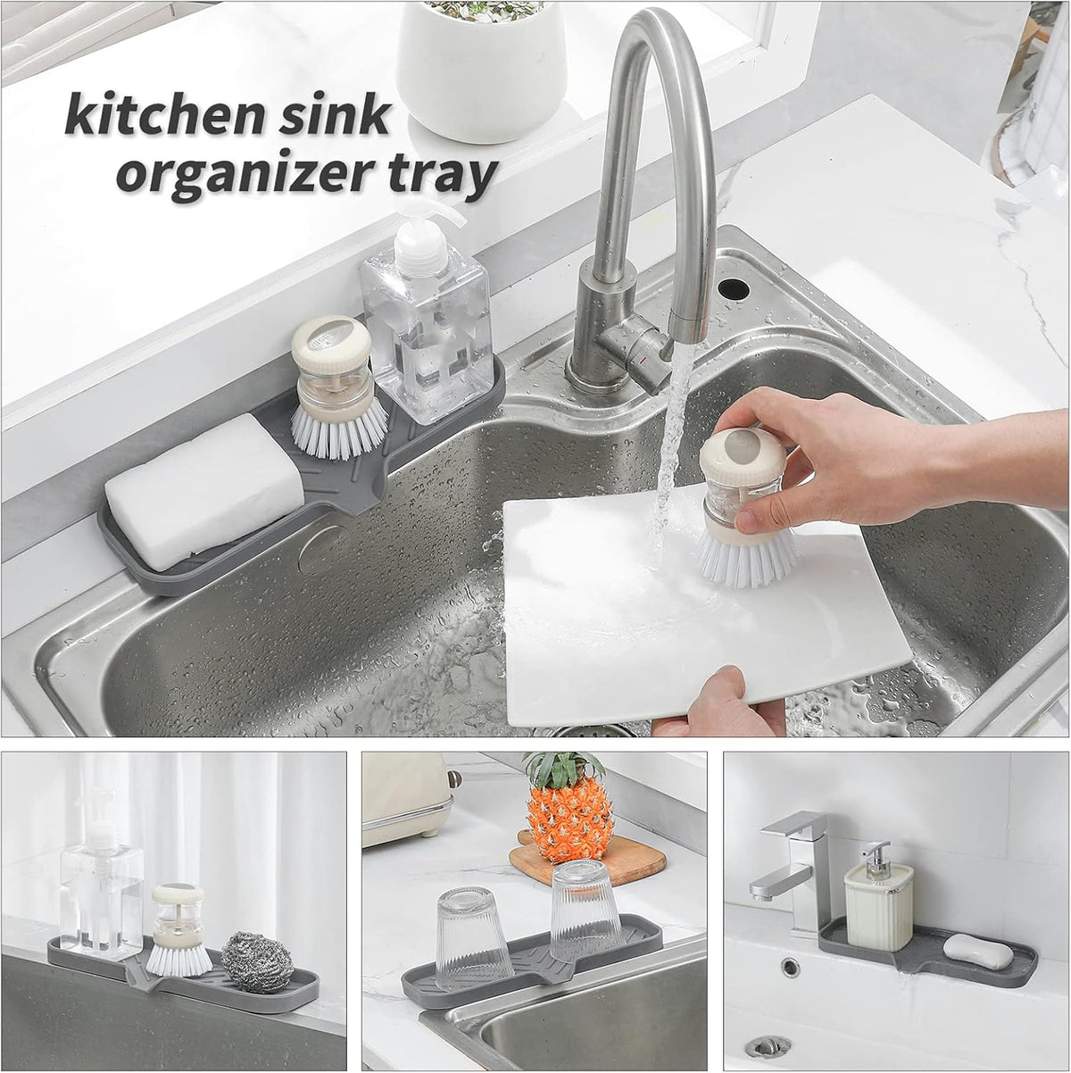 Silicone Soap Dish with Drain Spout, Self-Draining Sink Organizer Tray for Bathroom and Kitchen, Sponges, Dispensers and Soap Holder, Non-Slip and Dishwasher Safe, Black (Compact, 4.9"×3.2")