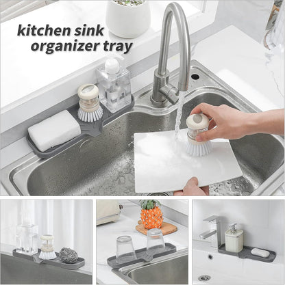 Silicone Soap Dish with Drain Spout, Self-Draining Sink Organizer Tray for Bathroom and Kitchen, Sponges, Dispensers and Soap Holder, Non-Slip and Dishwasher Safe, Black (Compact, 4.9"×3.2")