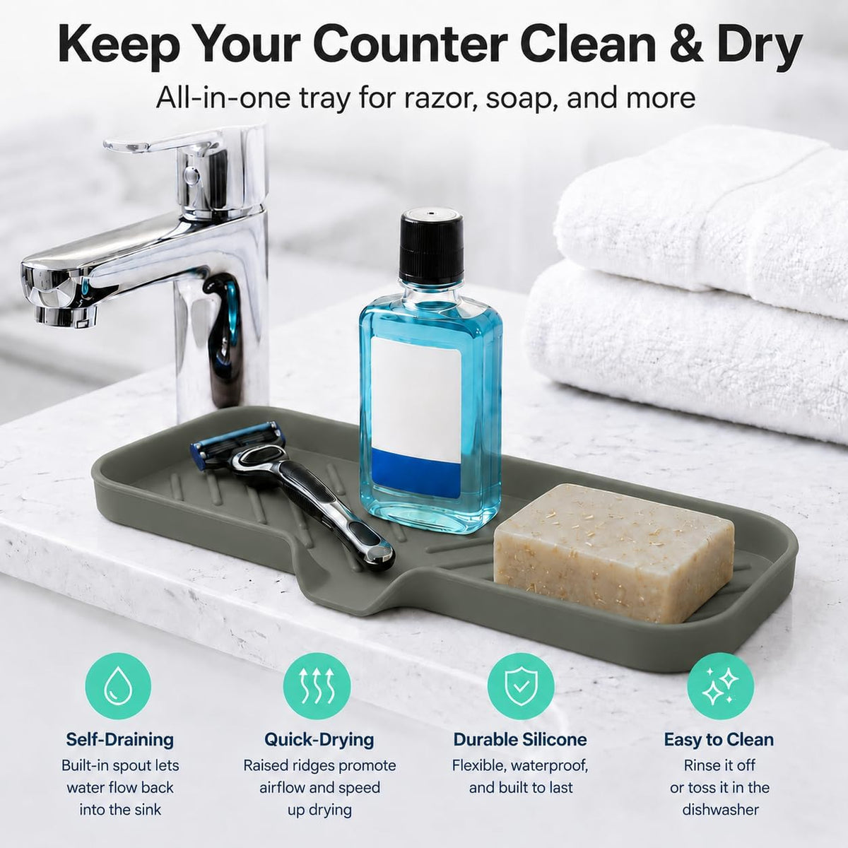 Silicone Soap Dish with Drain Spout, Self-Draining Sink Organizer Tray for Bathroom and Kitchen, Sponges, Dispensers and Soap Holder, Non-Slip and Dishwasher Safe, Black (Compact, 4.9"×3.2")
