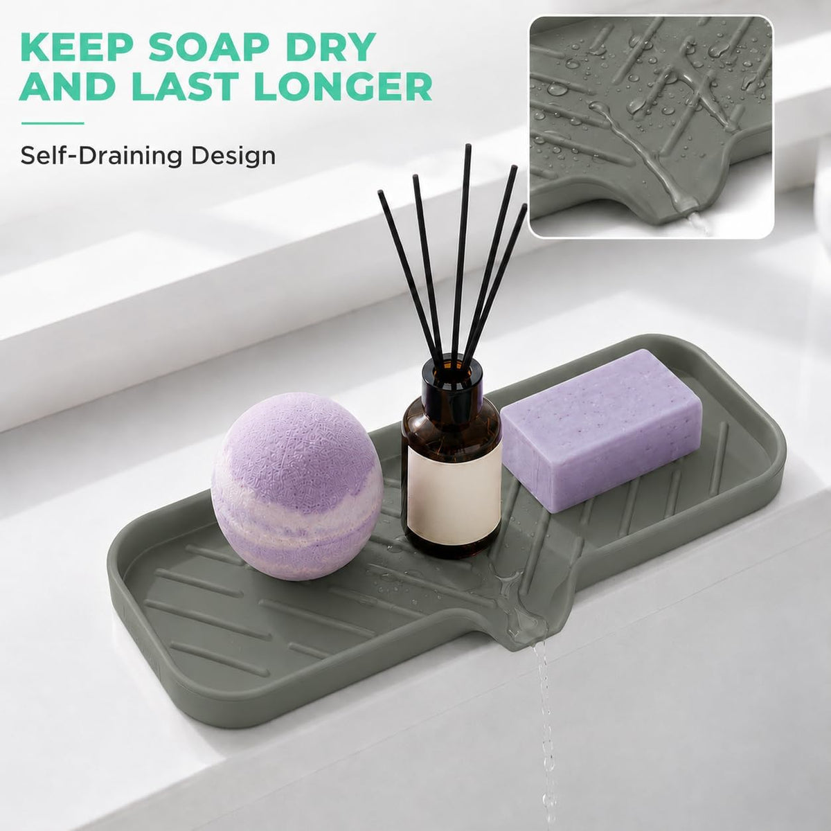 Silicone Soap Dish with Drain Spout, Self-Draining Sink Organizer Tray for Bathroom and Kitchen, Sponges, Dispensers and Soap Holder, Non-Slip and Dishwasher Safe, Black (Compact, 4.9"×3.2")