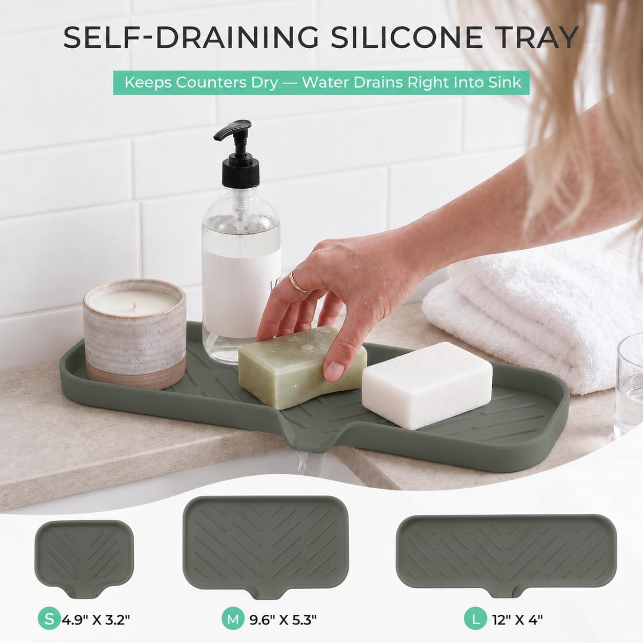 Silicone Soap Dish with Drain Spout, Self-Draining Sink Organizer Tray for Bathroom and Kitchen, Sponges, Dispensers and Soap Holder, Non-Slip and Dishwasher Safe, Black (Compact, 4.9"×3.2")
