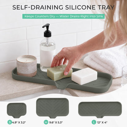 Silicone Soap Dish with Drain Spout, Self-Draining Sink Organizer Tray for Bathroom and Kitchen, Sponges, Dispensers and Soap Holder, Non-Slip and Dishwasher Safe, Black (Compact, 4.9"×3.2")