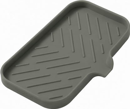 Silicone Soap Dish with Drain Spout, Self-Draining Sink Organizer Tray for Bathroom and Kitchen, Sponges, Dispensers and Soap Holder, Non-Slip and Dishwasher Safe, Black (Compact, 4.9"×3.2")