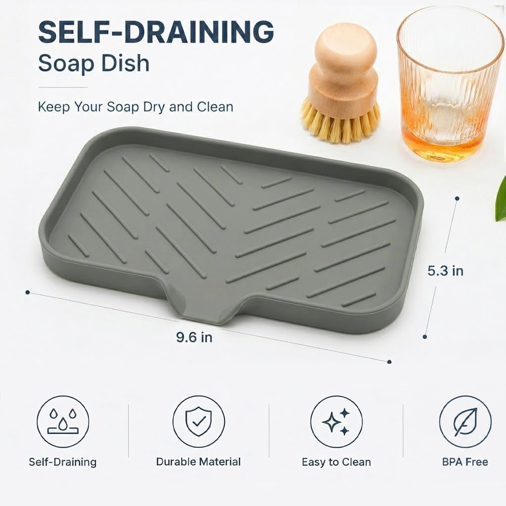 Silicone Soap Dish with Drain Spout, Self-Draining Sink Organizer Tray for Bathroom and Kitchen, Sponges, Dispensers and Soap Holder, Non-Slip and Dishwasher Safe, Black (Compact, 4.9"×3.2")