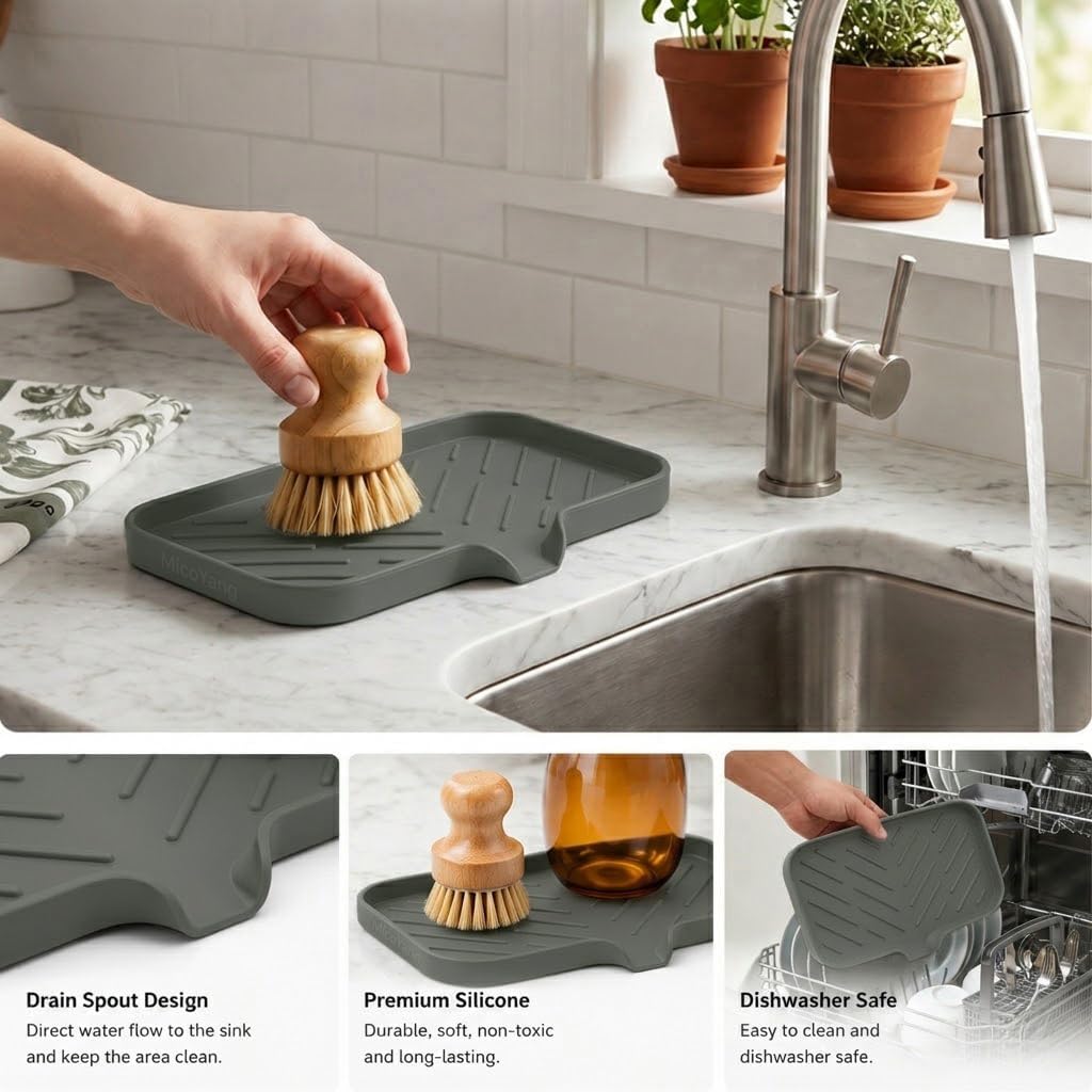 Silicone Soap Dish with Drain Spout, Self-Draining Sink Organizer Tray for Bathroom and Kitchen, Sponges, Dispensers and Soap Holder, Non-Slip and Dishwasher Safe, Black (Compact, 4.9"×3.2")