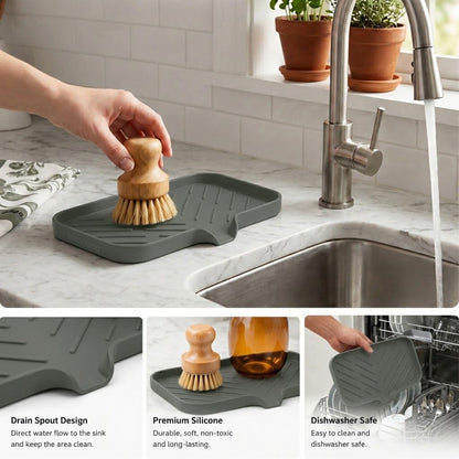 Silicone Soap Dish with Drain Spout, Self-Draining Sink Organizer Tray for Bathroom and Kitchen, Sponges, Dispensers and Soap Holder, Non-Slip and Dishwasher Safe, Black (Compact, 4.9"×3.2")