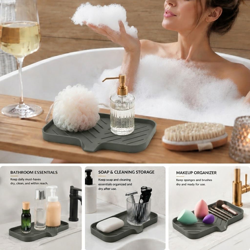 Silicone Soap Dish with Drain Spout, Self-Draining Sink Organizer Tray for Bathroom and Kitchen, Sponges, Dispensers and Soap Holder, Non-Slip and Dishwasher Safe, Black (Compact, 4.9"×3.2")