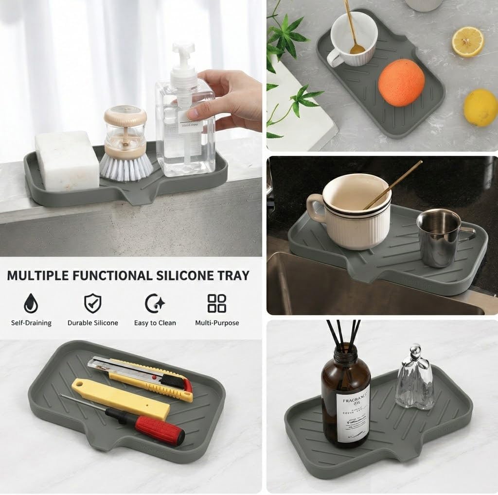 Silicone Soap Dish with Drain Spout, Self-Draining Sink Organizer Tray for Bathroom and Kitchen, Sponges, Dispensers and Soap Holder, Non-Slip and Dishwasher Safe, Black (Compact, 4.9"×3.2")
