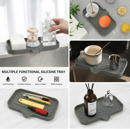 Silicone Soap Dish with Drain Spout, Self-Draining Sink Organizer Tray for Bathroom and Kitchen, Sponges, Dispensers and Soap Holder, Non-Slip and Dishwasher Safe, Black (Compact, 4.9"×3.2")