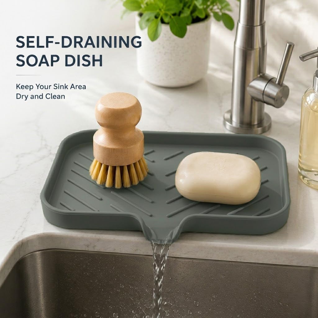 Silicone Soap Dish with Drain Spout, Self-Draining Sink Organizer Tray for Bathroom and Kitchen, Sponges, Dispensers and Soap Holder, Non-Slip and Dishwasher Safe, Black (Compact, 4.9"×3.2")