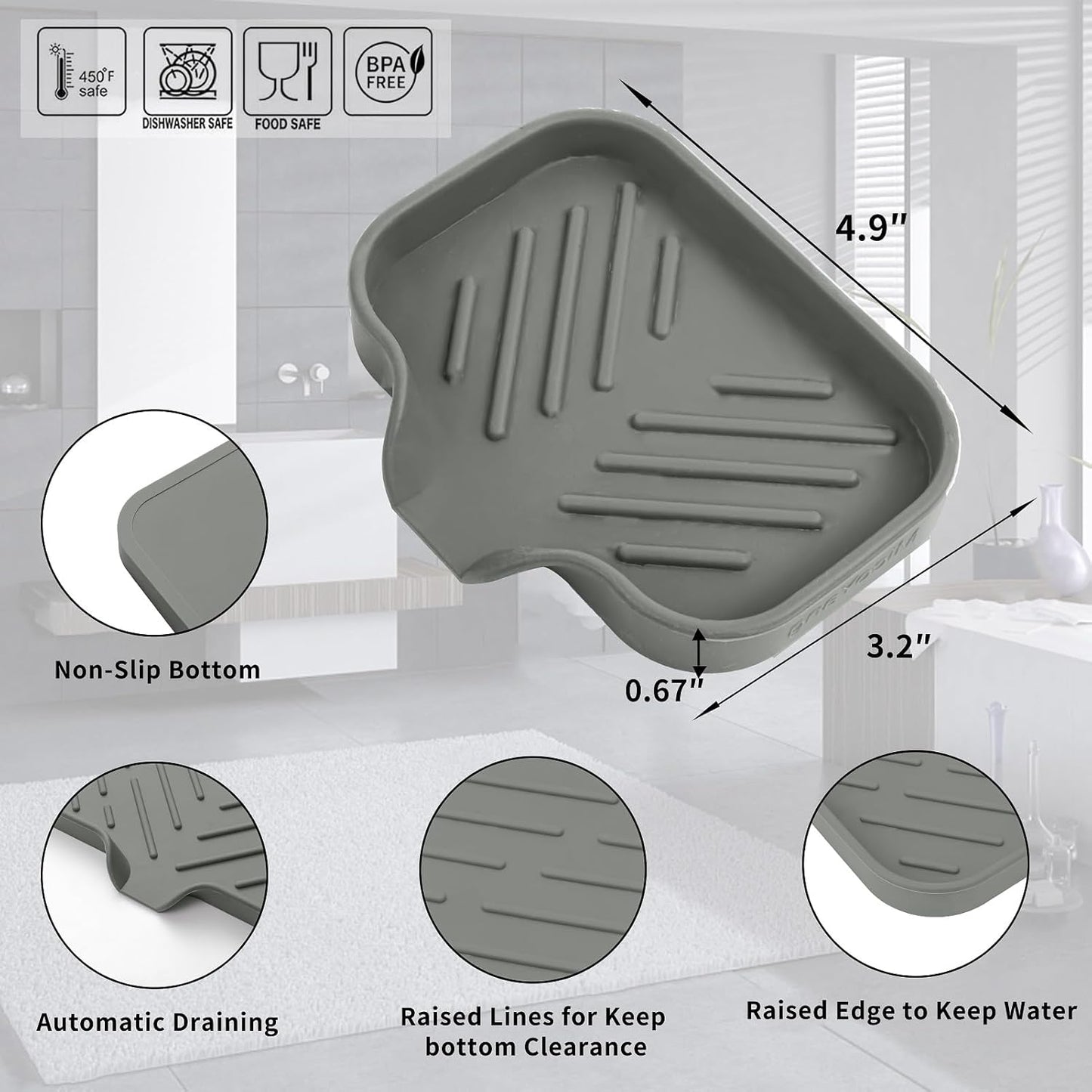 Silicone Soap Dish with Drain Spout, Self-Draining Sink Organizer Tray for Bathroom and Kitchen, Sponges, Dispensers and Soap Holder, Non-Slip and Dishwasher Safe, Black (Compact, 4.9"×3.2")