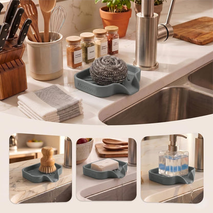 Silicone Soap Dish with Drain Spout, Self-Draining Sink Organizer Tray for Bathroom and Kitchen, Sponges, Dispensers and Soap Holder, Non-Slip and Dishwasher Safe, Black (Compact, 4.9"×3.2")