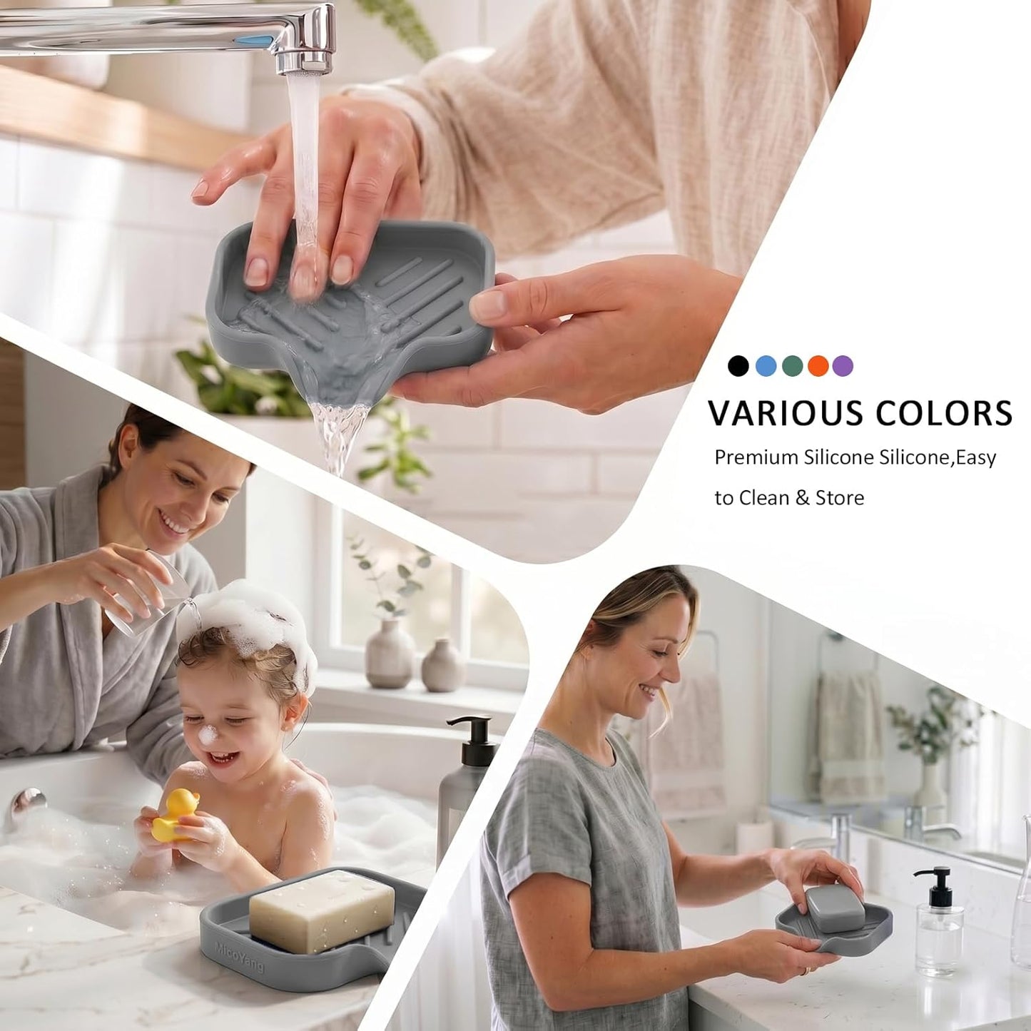 Silicone Soap Dish with Drain Spout, Self-Draining Sink Organizer Tray for Bathroom and Kitchen, Sponges, Dispensers and Soap Holder, Non-Slip and Dishwasher Safe, Black (Compact, 4.9"×3.2")
