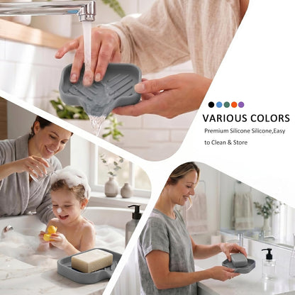 Silicone Soap Dish with Drain Spout, Self-Draining Sink Organizer Tray for Bathroom and Kitchen, Sponges, Dispensers and Soap Holder, Non-Slip and Dishwasher Safe, Black (Compact, 4.9"×3.2")