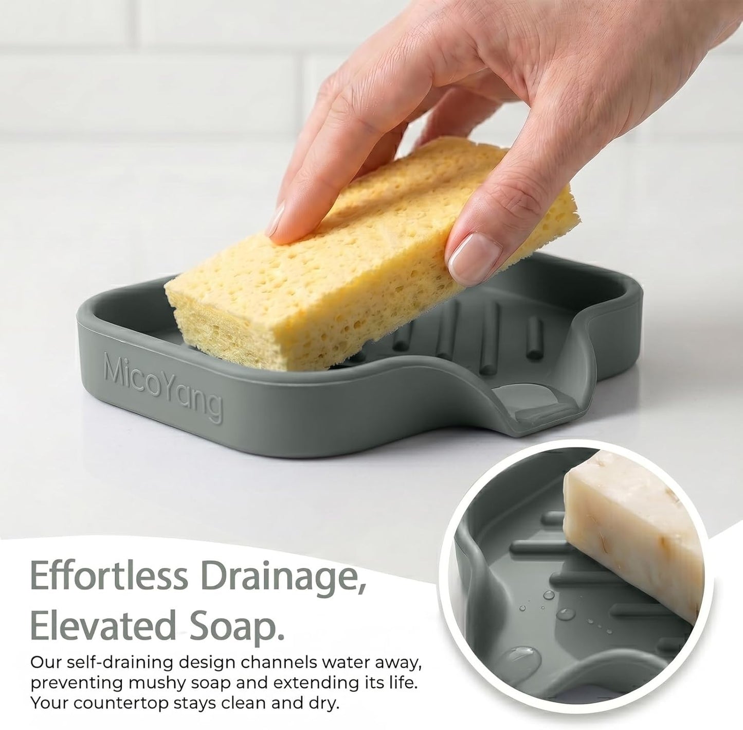 Silicone Soap Dish with Drain Spout, Self-Draining Sink Organizer Tray for Bathroom and Kitchen, Sponges, Dispensers and Soap Holder, Non-Slip and Dishwasher Safe, Black (Compact, 4.9"×3.2")