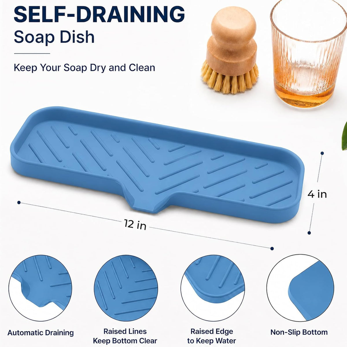 Silicone Soap Dish with Drain Spout, Self-Draining Sink Organizer Tray for Bathroom and Kitchen, Sponges, Dispensers and Soap Holder, Non-Slip and Dishwasher Safe, Black (Compact, 4.9"×3.2")