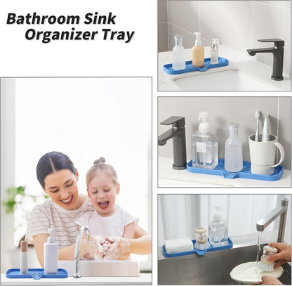 Silicone Soap Dish with Drain Spout, Self-Draining Sink Organizer Tray for Bathroom and Kitchen, Sponges, Dispensers and Soap Holder, Non-Slip and Dishwasher Safe, Black (Compact, 4.9"×3.2")