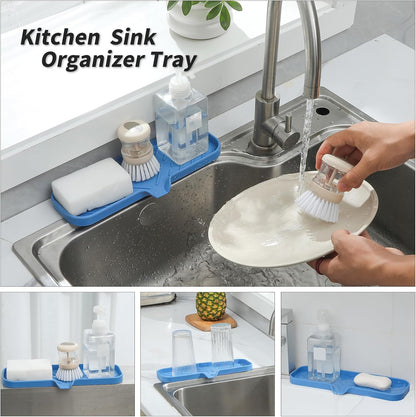 Silicone Soap Dish with Drain Spout, Self-Draining Sink Organizer Tray for Bathroom and Kitchen, Sponges, Dispensers and Soap Holder, Non-Slip and Dishwasher Safe, Black (Compact, 4.9"×3.2")