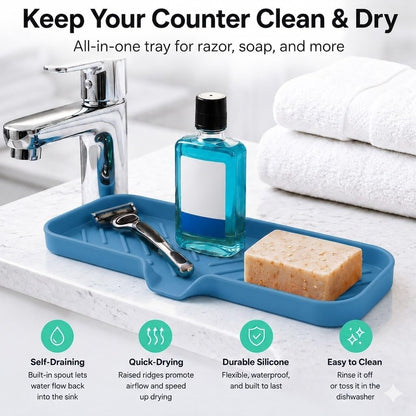 Silicone Soap Dish with Drain Spout, Self-Draining Sink Organizer Tray for Bathroom and Kitchen, Sponges, Dispensers and Soap Holder, Non-Slip and Dishwasher Safe, Black (Compact, 4.9"×3.2")