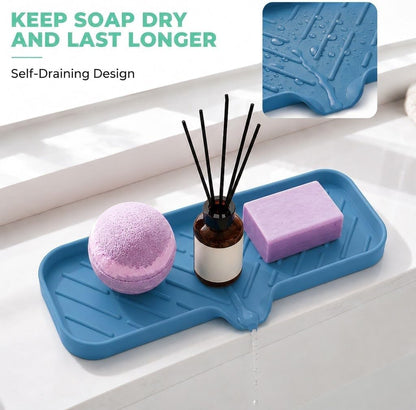 Silicone Soap Dish with Drain Spout, Self-Draining Sink Organizer Tray for Bathroom and Kitchen, Sponges, Dispensers and Soap Holder, Non-Slip and Dishwasher Safe, Black (Compact, 4.9"×3.2")