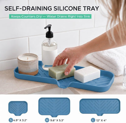 Silicone Soap Dish with Drain Spout, Self-Draining Sink Organizer Tray for Bathroom and Kitchen, Sponges, Dispensers and Soap Holder, Non-Slip and Dishwasher Safe, Black (Compact, 4.9"×3.2")