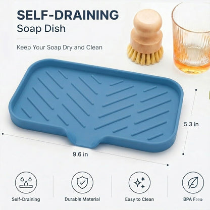 Silicone Soap Dish with Drain Spout, Self-Draining Sink Organizer Tray for Bathroom and Kitchen, Sponges, Dispensers and Soap Holder, Non-Slip and Dishwasher Safe, Black (Compact, 4.9"×3.2")