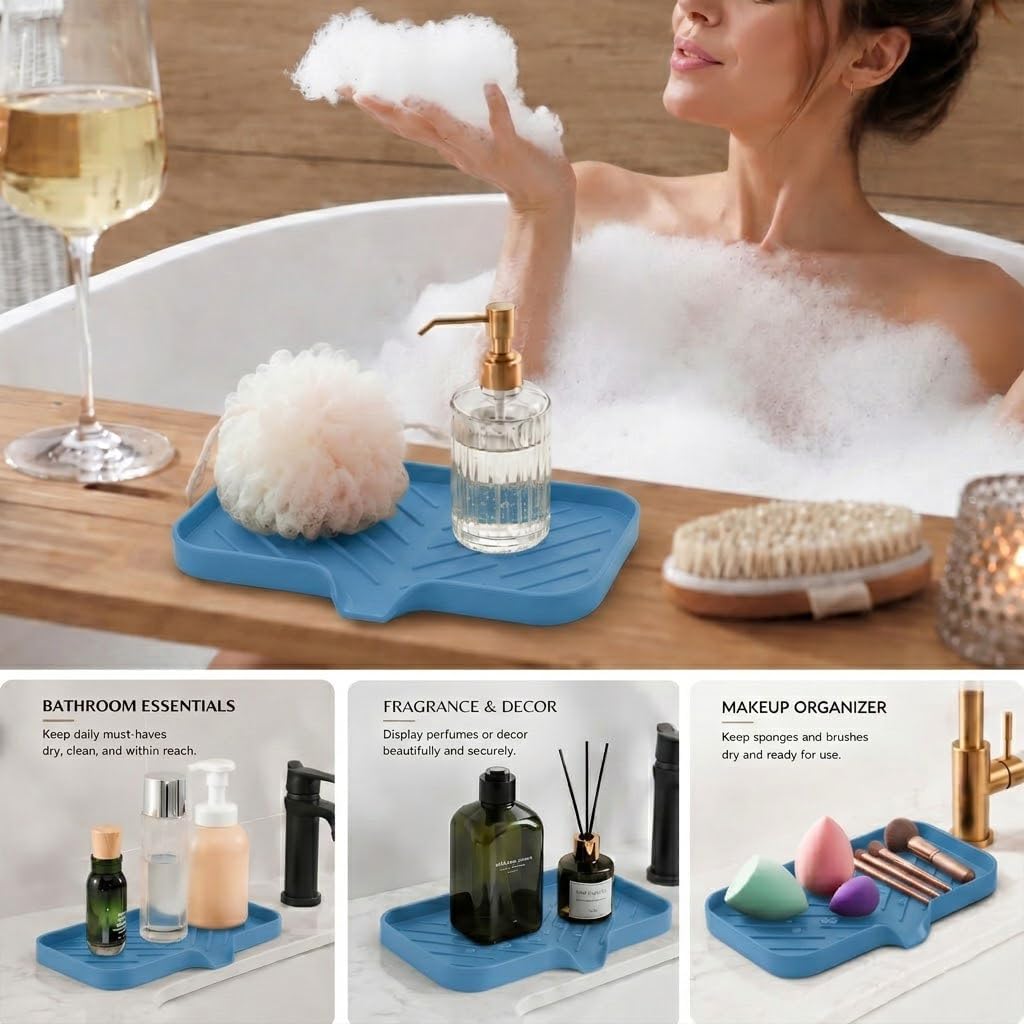 Silicone Soap Dish with Drain Spout, Self-Draining Sink Organizer Tray for Bathroom and Kitchen, Sponges, Dispensers and Soap Holder, Non-Slip and Dishwasher Safe, Black (Compact, 4.9"×3.2")