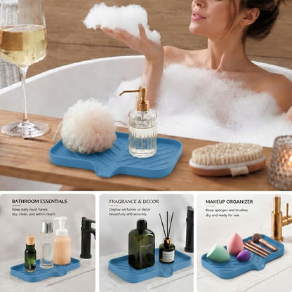 Silicone Soap Dish with Drain Spout, Self-Draining Sink Organizer Tray for Bathroom and Kitchen, Sponges, Dispensers and Soap Holder, Non-Slip and Dishwasher Safe, Black (Compact, 4.9"×3.2")