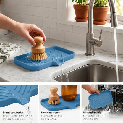 Silicone Soap Dish with Drain Spout, Self-Draining Sink Organizer Tray for Bathroom and Kitchen, Sponges, Dispensers and Soap Holder, Non-Slip and Dishwasher Safe, Black (Compact, 4.9"×3.2")