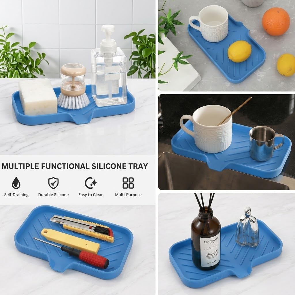 Silicone Soap Dish with Drain Spout, Self-Draining Sink Organizer Tray for Bathroom and Kitchen, Sponges, Dispensers and Soap Holder, Non-Slip and Dishwasher Safe, Black (Compact, 4.9"×3.2")