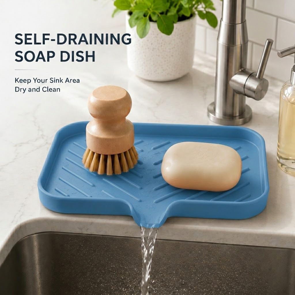 Silicone Soap Dish with Drain Spout, Self-Draining Sink Organizer Tray for Bathroom and Kitchen, Sponges, Dispensers and Soap Holder, Non-Slip and Dishwasher Safe, Black (Compact, 4.9"×3.2")