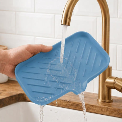 Silicone Soap Dish with Drain Spout, Self-Draining Sink Organizer Tray for Bathroom and Kitchen, Sponges, Dispensers and Soap Holder, Non-Slip and Dishwasher Safe, Black (Compact, 4.9"×3.2")