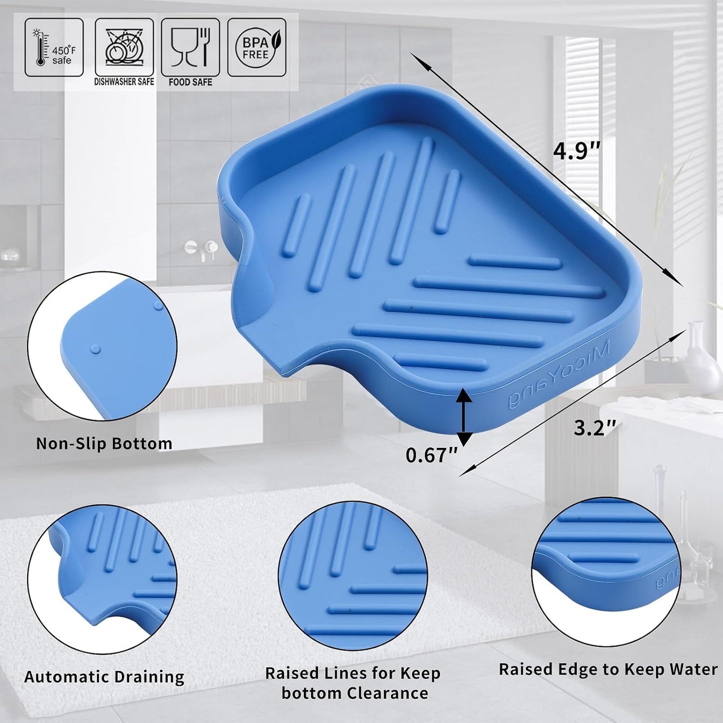 Silicone Soap Dish with Drain Spout, Self-Draining Sink Organizer Tray for Bathroom and Kitchen, Sponges, Dispensers and Soap Holder, Non-Slip and Dishwasher Safe, Black (Compact, 4.9"×3.2")
