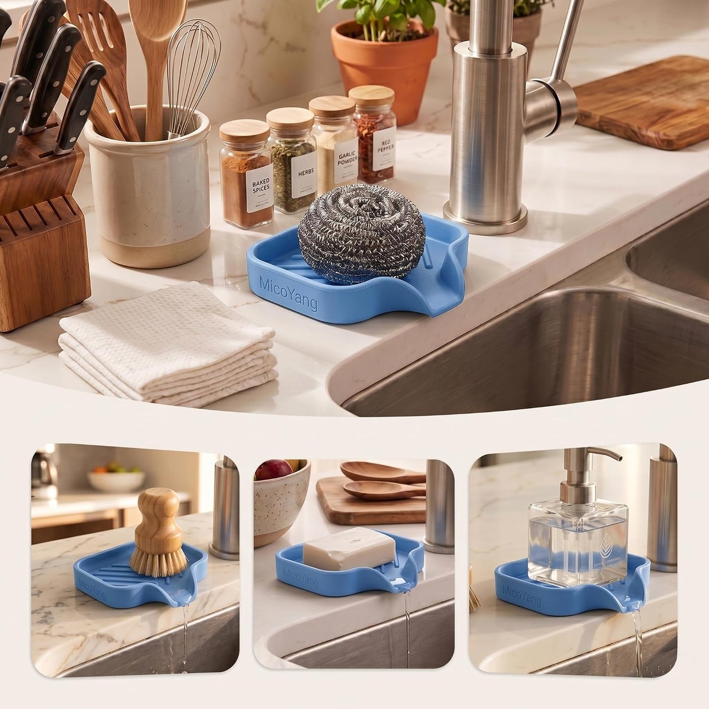 Silicone Soap Dish with Drain Spout, Self-Draining Sink Organizer Tray for Bathroom and Kitchen, Sponges, Dispensers and Soap Holder, Non-Slip and Dishwasher Safe, Black (Compact, 4.9"×3.2")
