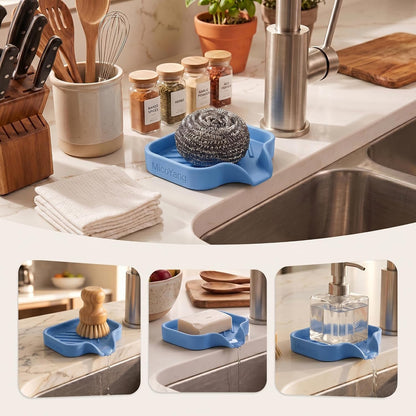 Silicone Soap Dish with Drain Spout, Self-Draining Sink Organizer Tray for Bathroom and Kitchen, Sponges, Dispensers and Soap Holder, Non-Slip and Dishwasher Safe, Black (Compact, 4.9"×3.2")