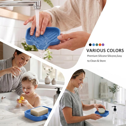Silicone Soap Dish with Drain Spout, Self-Draining Sink Organizer Tray for Bathroom and Kitchen, Sponges, Dispensers and Soap Holder, Non-Slip and Dishwasher Safe, Black (Compact, 4.9"×3.2")