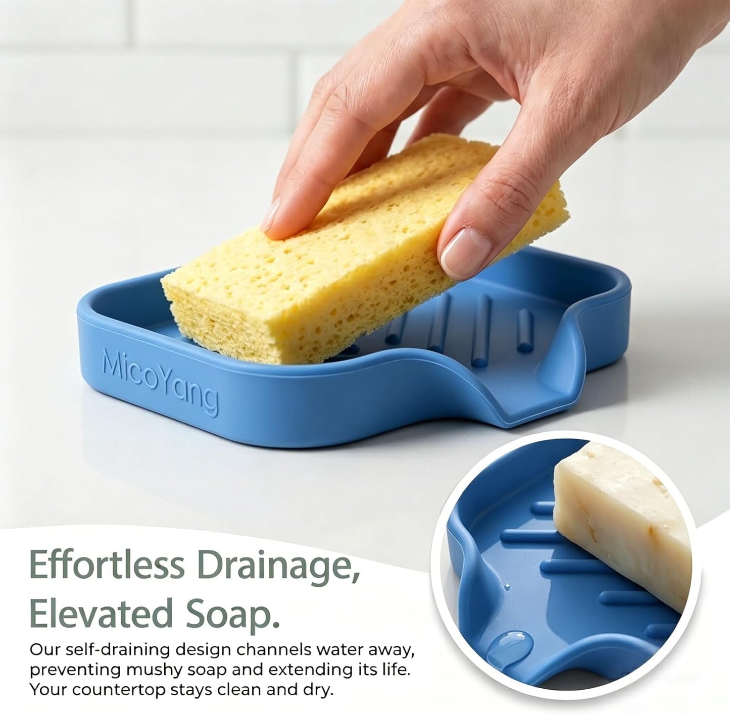 Silicone Soap Dish with Drain Spout, Self-Draining Sink Organizer Tray for Bathroom and Kitchen, Sponges, Dispensers and Soap Holder, Non-Slip and Dishwasher Safe, Black (Compact, 4.9"×3.2")