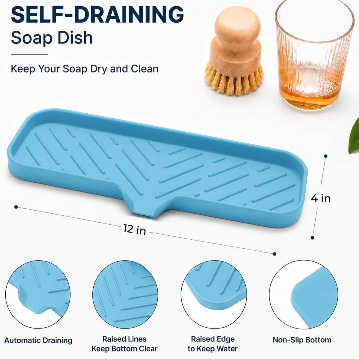 Silicone Soap Dish with Drain Spout, Self-Draining Sink Organizer Tray for Bathroom and Kitchen, Sponges, Dispensers and Soap Holder, Non-Slip and Dishwasher Safe, Black (Compact, 4.9"×3.2")