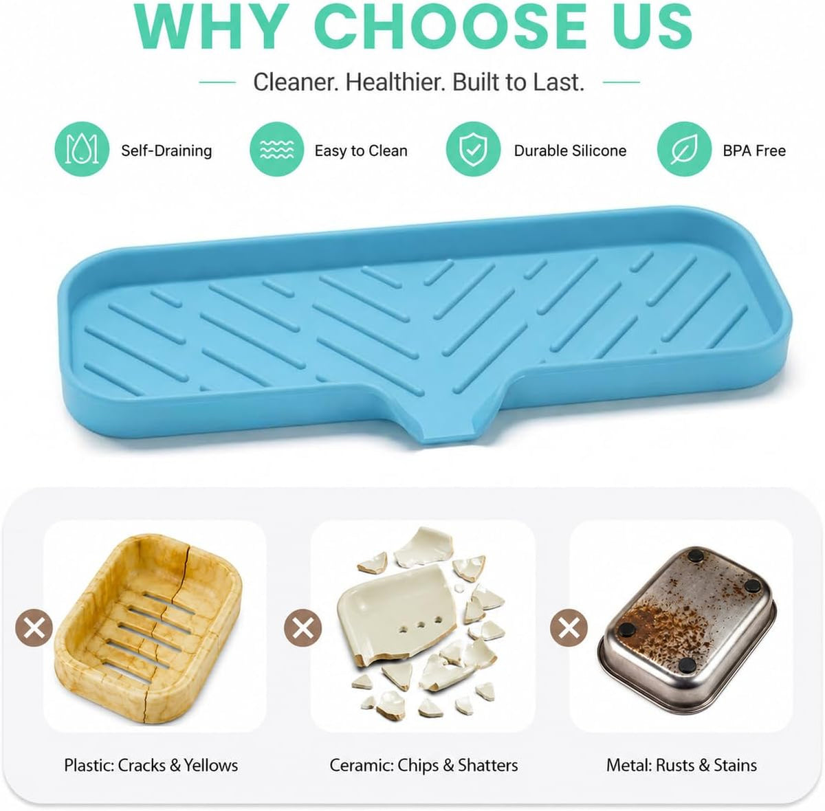 Silicone Soap Dish with Drain Spout, Self-Draining Sink Organizer Tray for Bathroom and Kitchen, Sponges, Dispensers and Soap Holder, Non-Slip and Dishwasher Safe, Black (Compact, 4.9"×3.2")