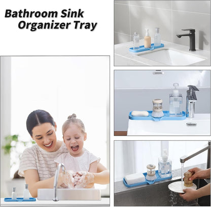 Silicone Soap Dish with Drain Spout, Self-Draining Sink Organizer Tray for Bathroom and Kitchen, Sponges, Dispensers and Soap Holder, Non-Slip and Dishwasher Safe, Black (Compact, 4.9"×3.2")