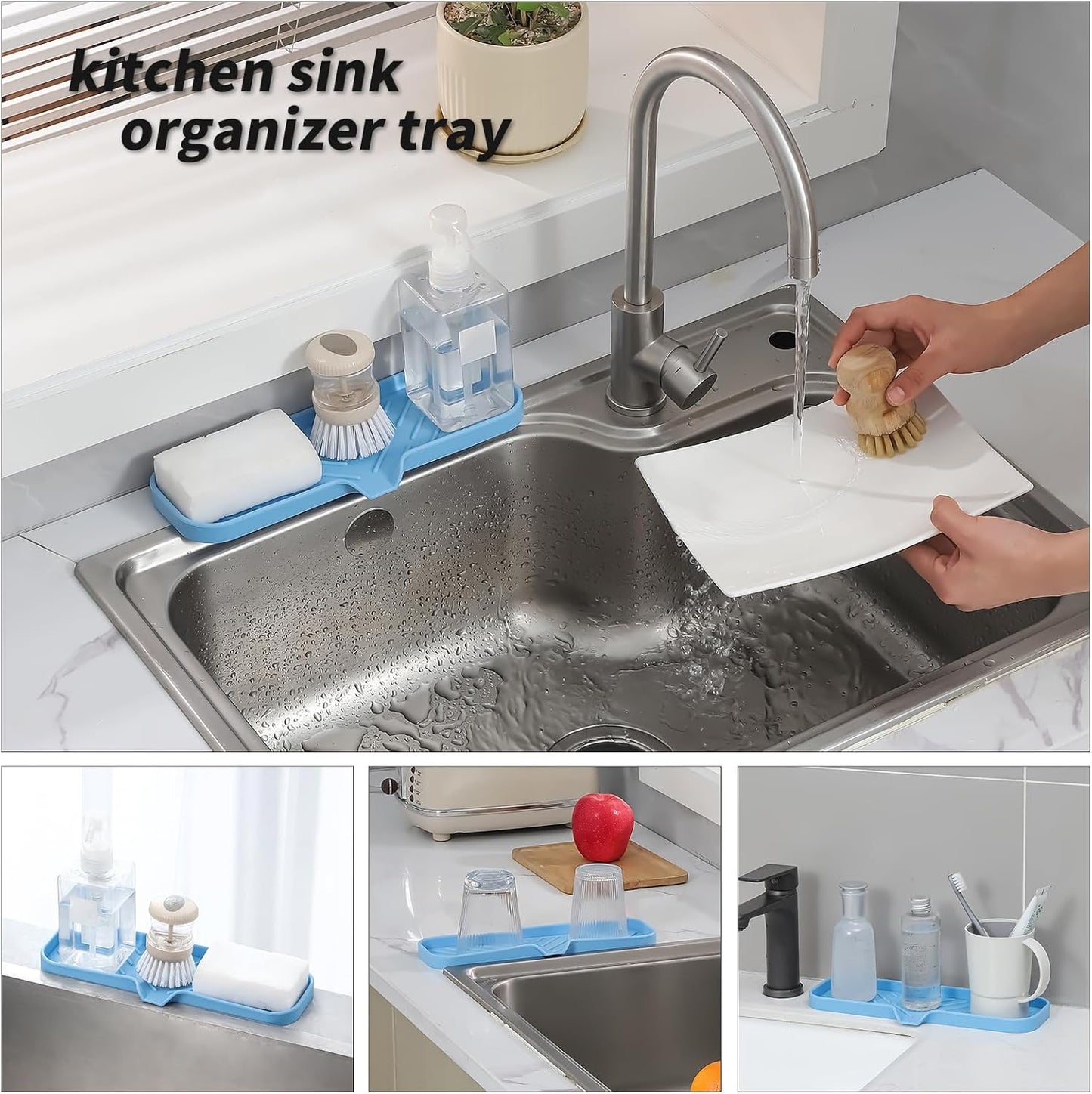 Silicone Soap Dish with Drain Spout, Self-Draining Sink Organizer Tray for Bathroom and Kitchen, Sponges, Dispensers and Soap Holder, Non-Slip and Dishwasher Safe, Black (Compact, 4.9"×3.2")