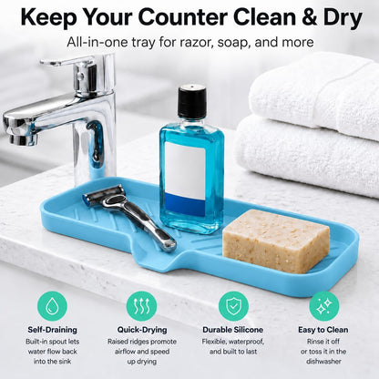 Silicone Soap Dish with Drain Spout, Self-Draining Sink Organizer Tray for Bathroom and Kitchen, Sponges, Dispensers and Soap Holder, Non-Slip and Dishwasher Safe, Black (Compact, 4.9"×3.2")