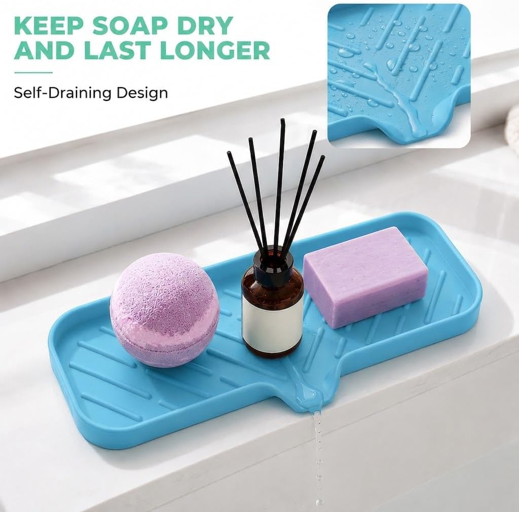 Silicone Soap Dish with Drain Spout, Self-Draining Sink Organizer Tray for Bathroom and Kitchen, Sponges, Dispensers and Soap Holder, Non-Slip and Dishwasher Safe, Black (Compact, 4.9"×3.2")