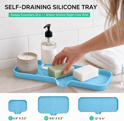 Silicone Soap Dish with Drain Spout, Self-Draining Sink Organizer Tray for Bathroom and Kitchen, Sponges, Dispensers and Soap Holder, Non-Slip and Dishwasher Safe, Black (Compact, 4.9"×3.2")