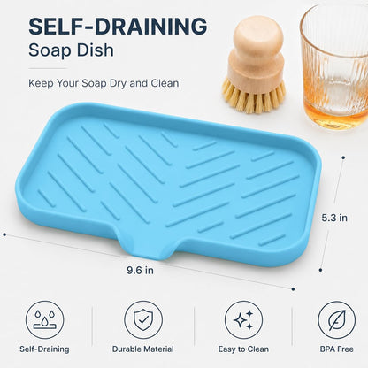 Silicone Soap Dish with Drain Spout, Self-Draining Sink Organizer Tray for Bathroom and Kitchen, Sponges, Dispensers and Soap Holder, Non-Slip and Dishwasher Safe, Black (Compact, 4.9"×3.2")