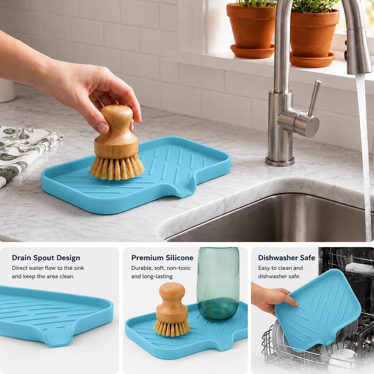 Silicone Soap Dish with Drain Spout, Self-Draining Sink Organizer Tray for Bathroom and Kitchen, Sponges, Dispensers and Soap Holder, Non-Slip and Dishwasher Safe, Black (Compact, 4.9"×3.2")